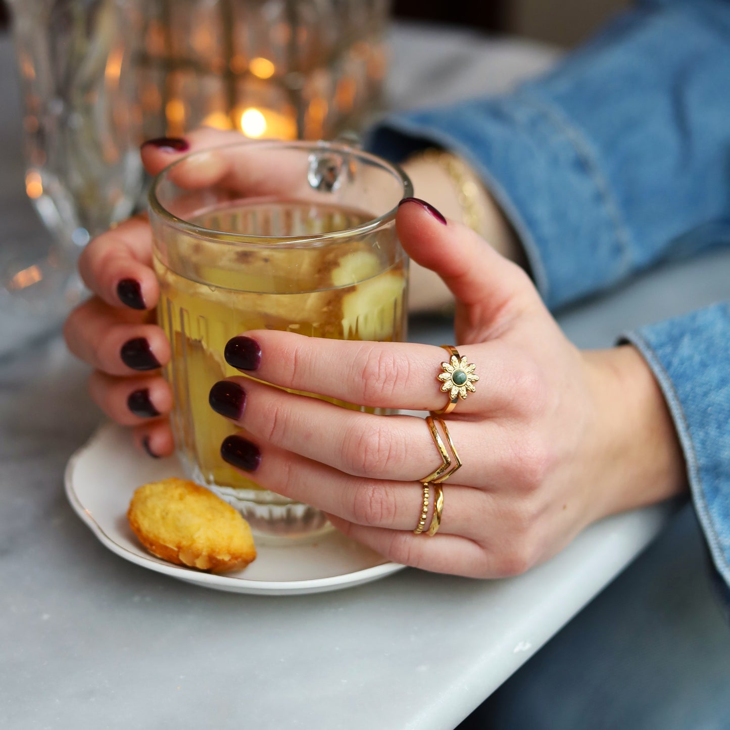 Edelstahlring gold - türkise Blume