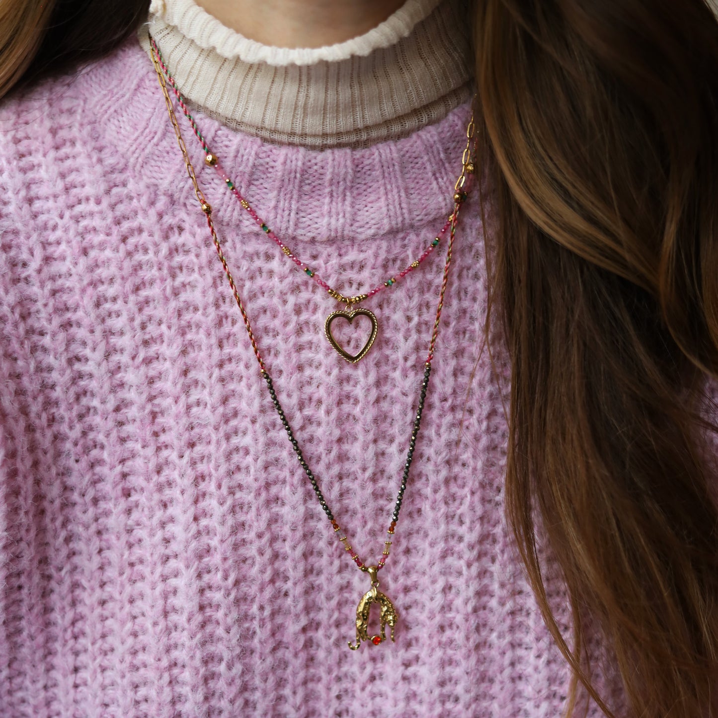 Beaded necklace - with open heart and cord