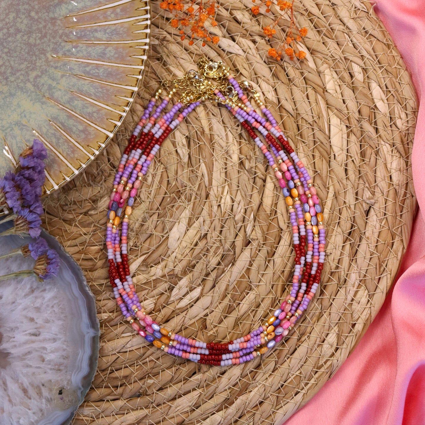 Perlenkette - Lilatöne mit Muscheln