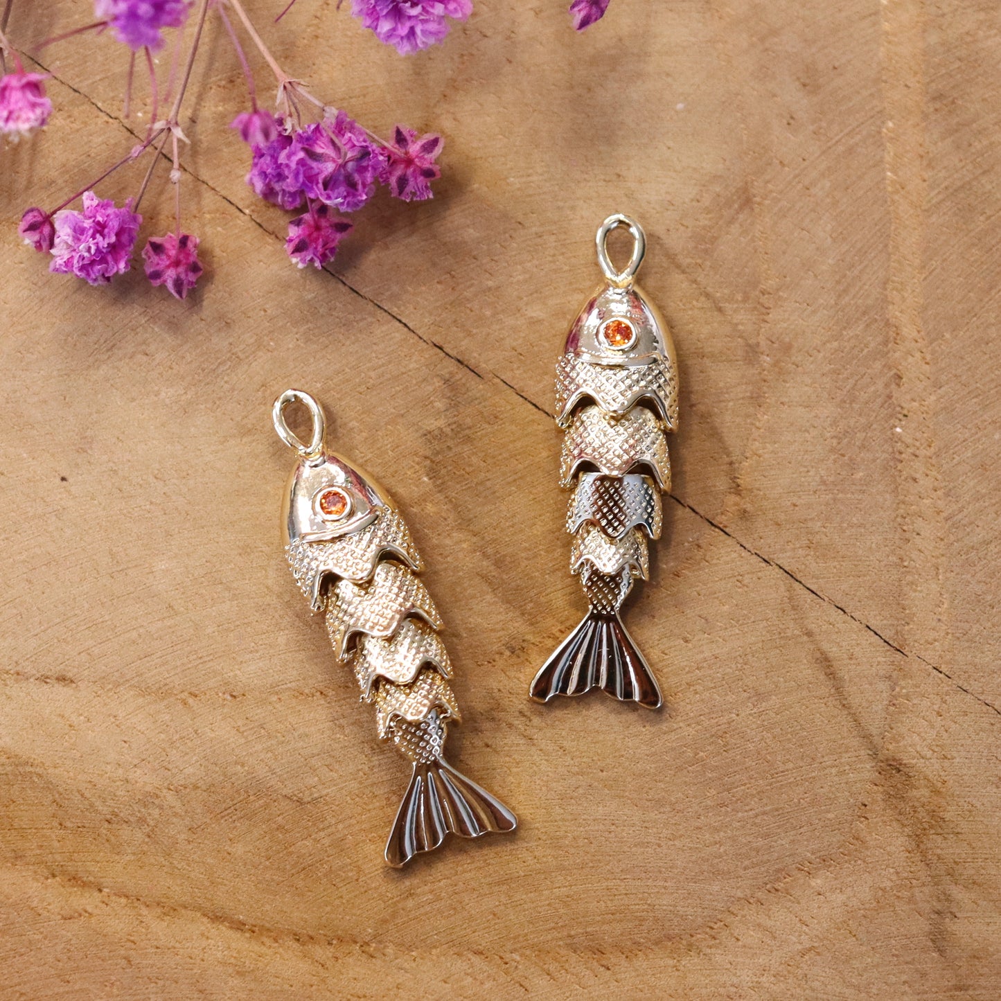 Brass pendant - fish with a stone