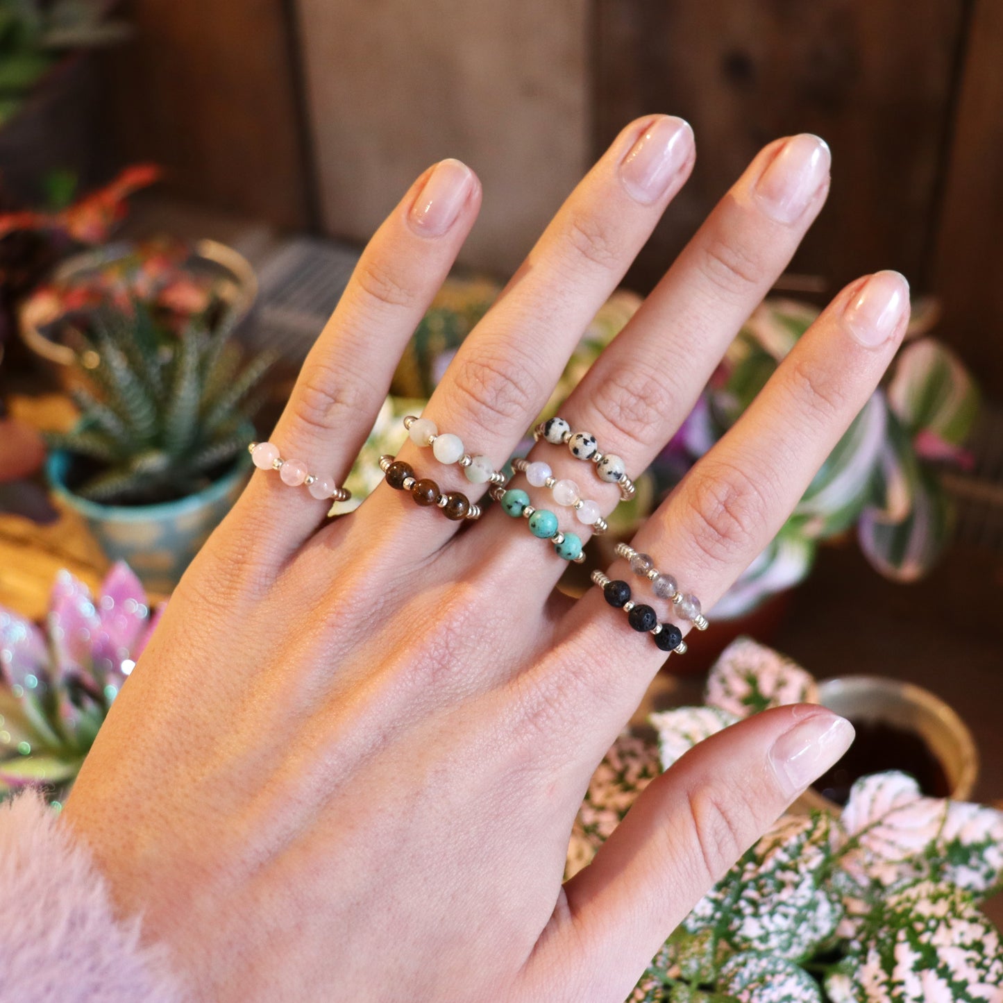 Silver bead ring - rose quartz