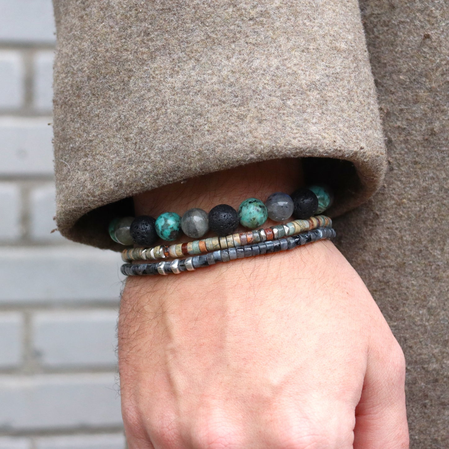 Herrenarmband mit Labradorit, Lavastein und Türkis