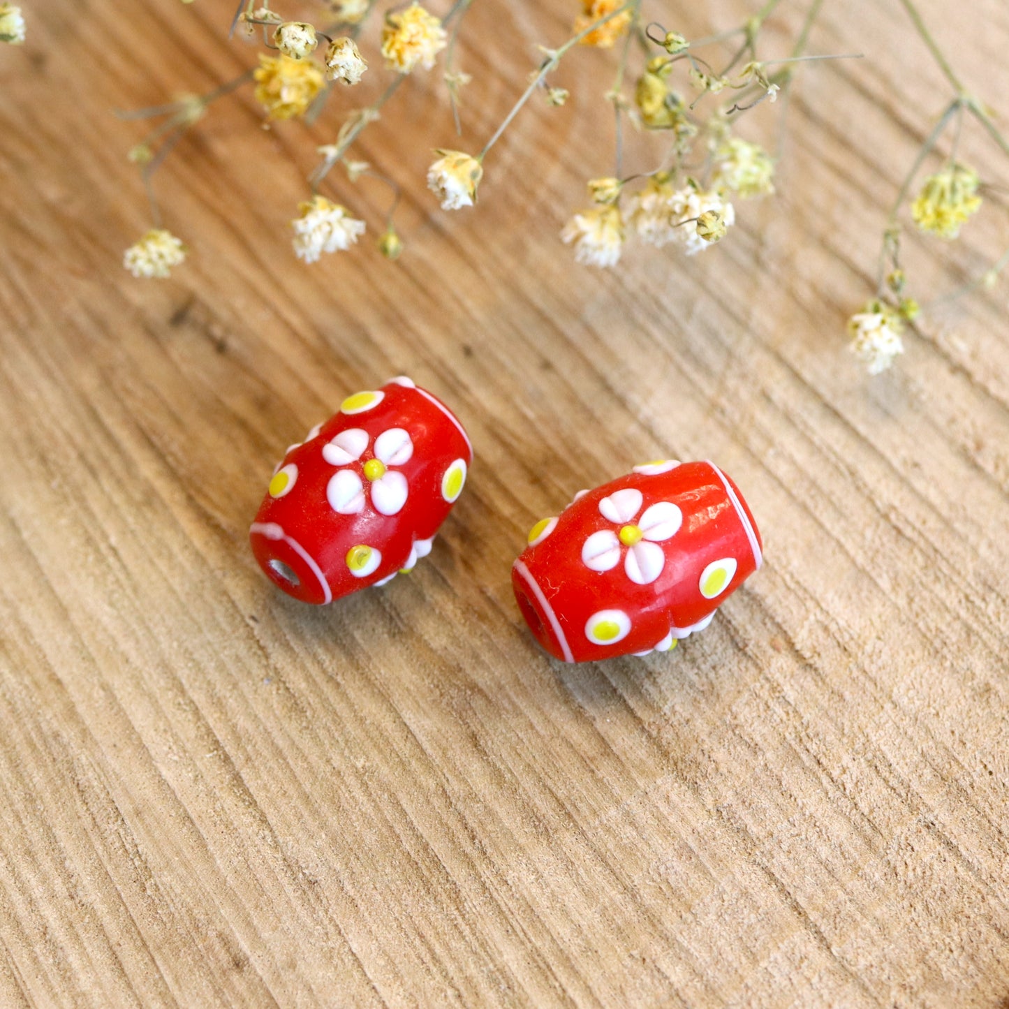 Bead red - ceramic oval with flower decoration