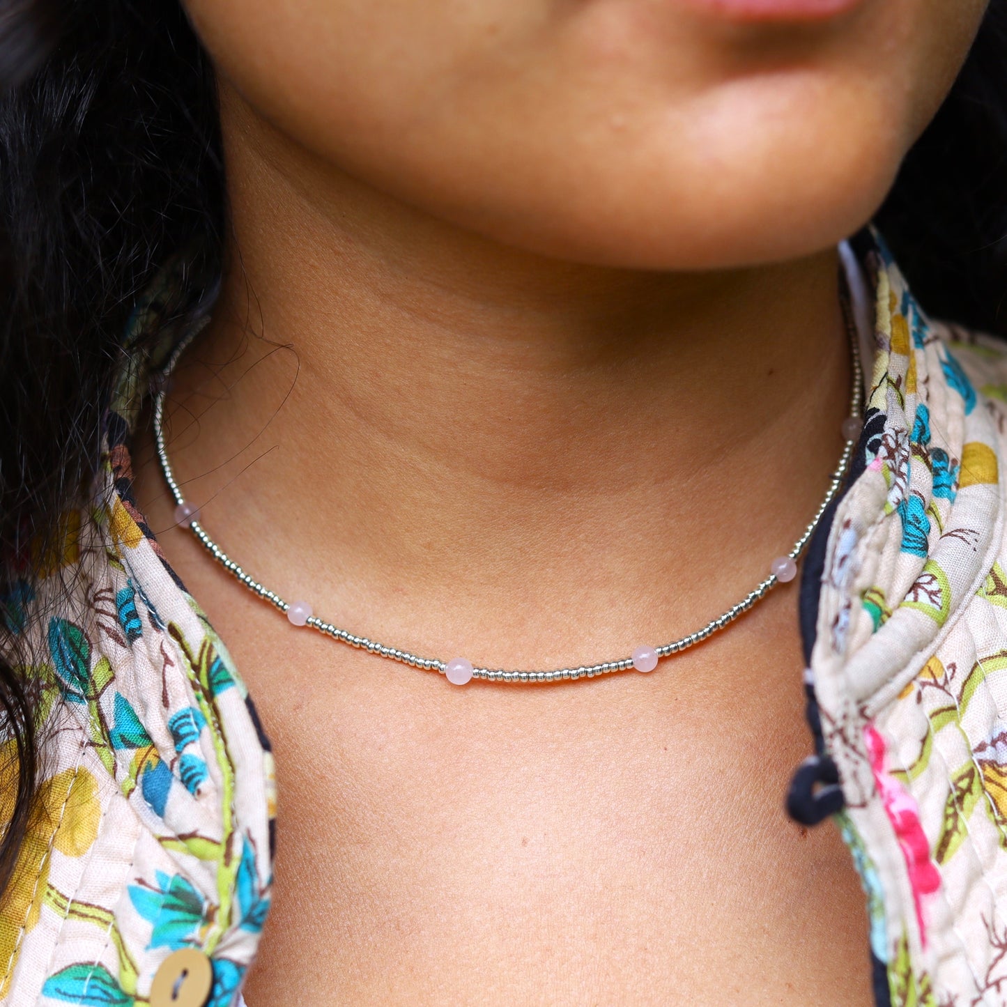 Silver bead necklace - rose quartz