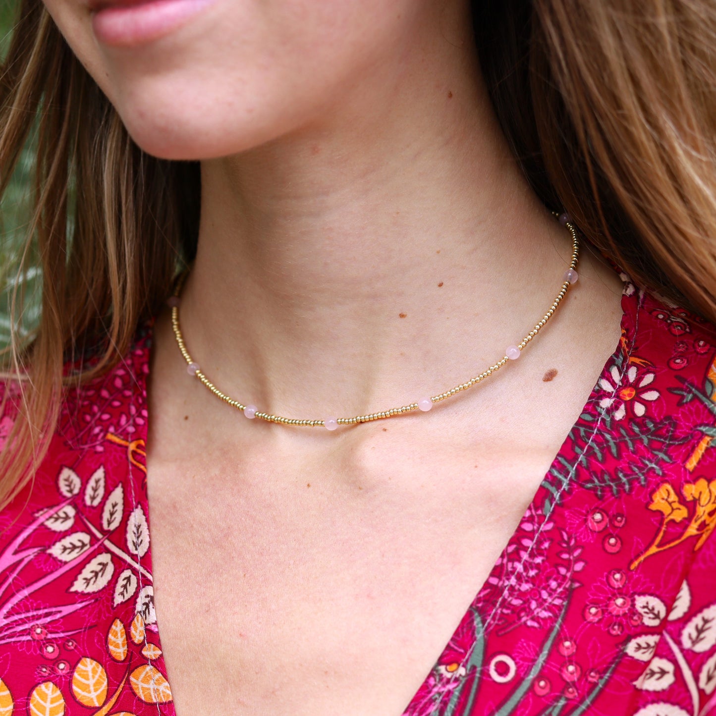 Gouden kralenketting - rozenkwarts