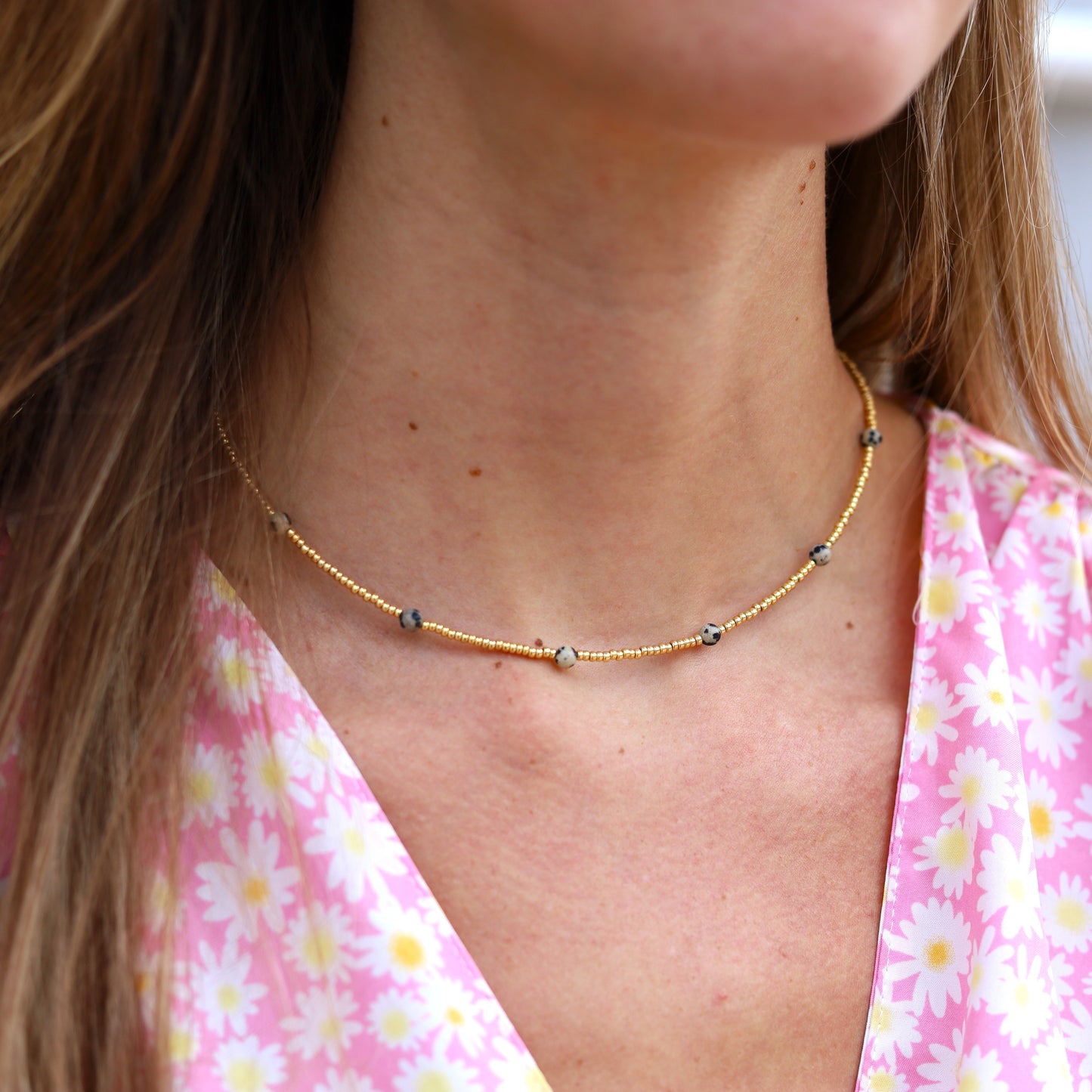 Gold bead necklace - jasper