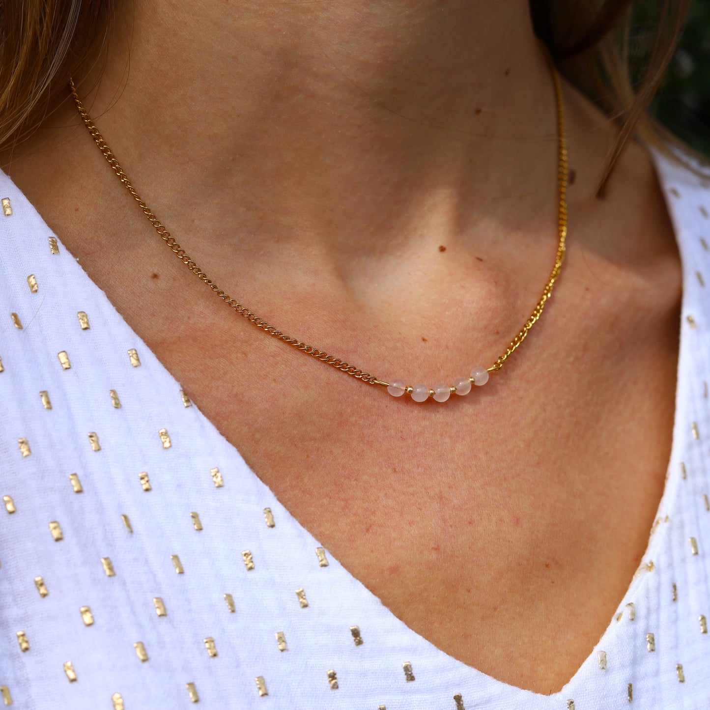 Stainless steel ketting goud - rozenkwarts