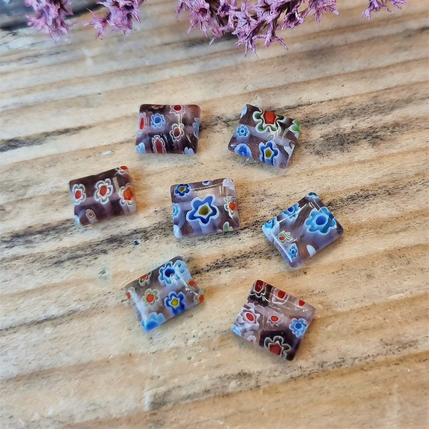 Bead purple - millefiori rectangle with flowers