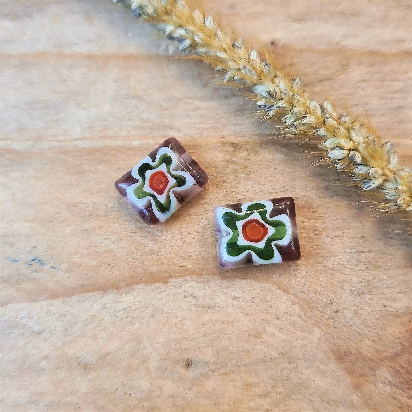 Bead purple - millefiori rectangle with green flower