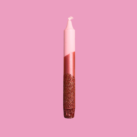 Handbeschilderde kaars - roze/koper glitter