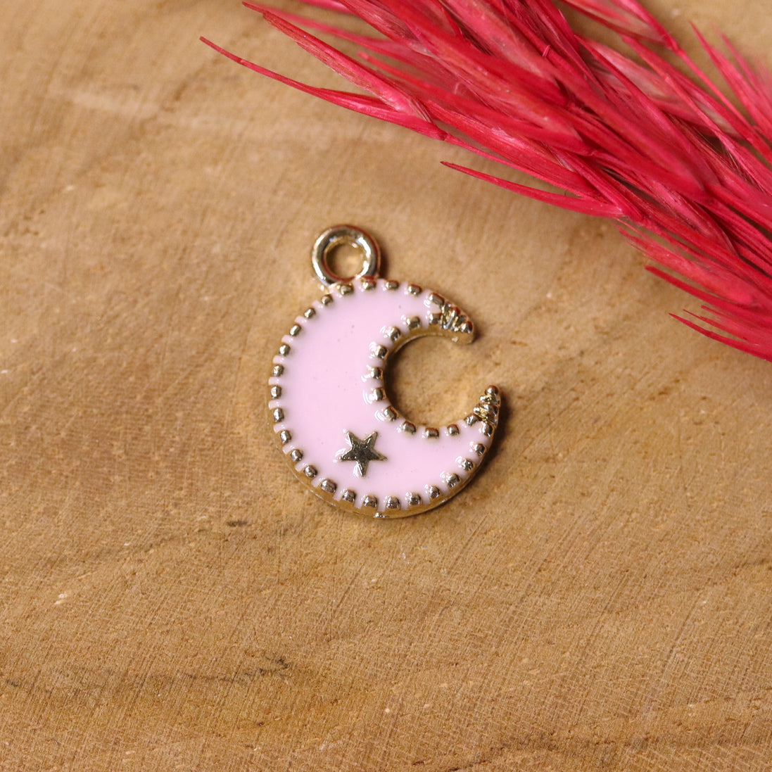 Enamel charm - moon with star pink
