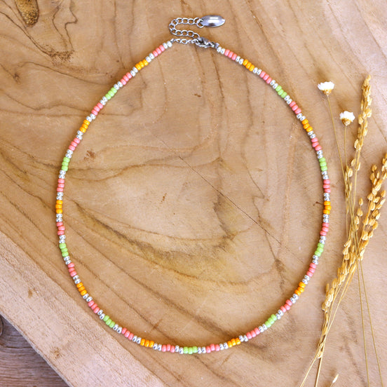 Perlenkette Miyuki - grün orange rosa silber