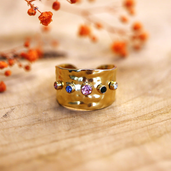 Stainless steel ring met gekleurde steentjes - goud