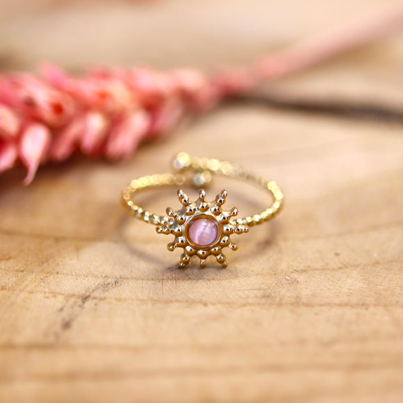 Stainless steel ring met rozenkwarts zon - goud