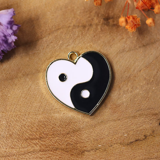 Emaille-Anhänger - Herz Yin Yang schwarz