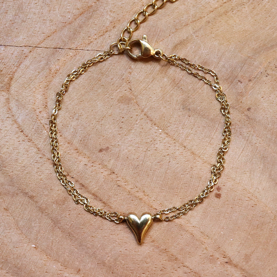 Stainless steel armband hart dubbel jasseron goud