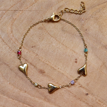 Stainless steel armband hartjes en kralen goud