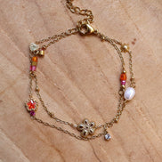 Stainless steel armband dubbel bloemen roze oranje