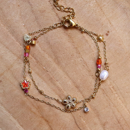 Stainless steel armband dubbel bloemen roze oranje