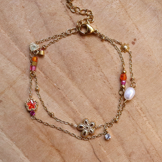 Stainless steel armband dubbel bloemen roze oranje