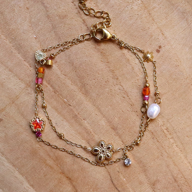 Stainless steel armband dubbel bloemen roze oranje