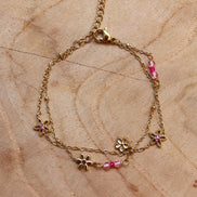 Stainless steel armband dubbel bloemen roze