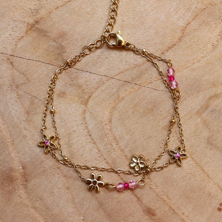 Stainless steel armband dubbel bloemen roze