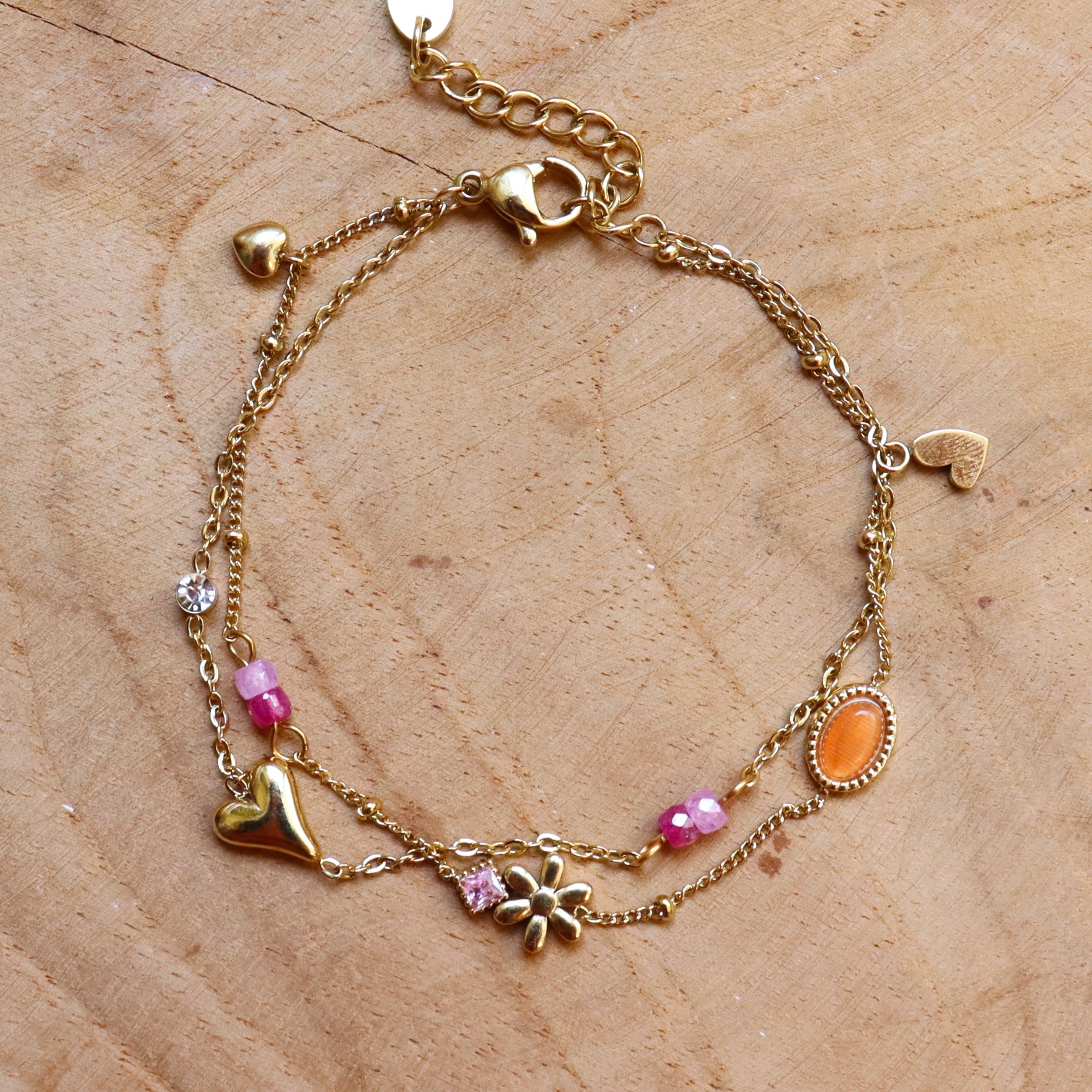 Stainless steel armband dubbel hart roze oranje