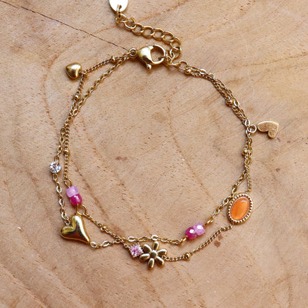 Stainless steel armband dubbel hart roze oranje