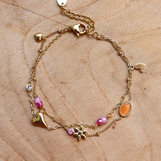 Stainless steel armband dubbel hart roze oranje