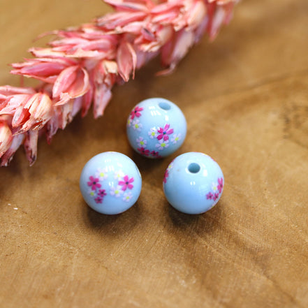 Perle blau - rund mit Blumen