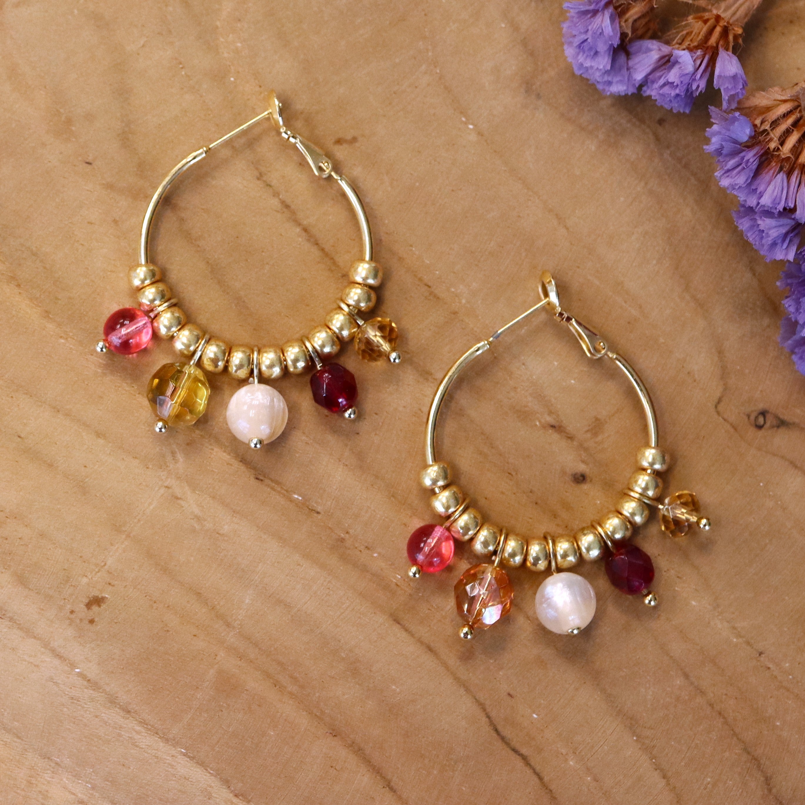 Statement earrings - colored glass beads gold