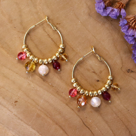 Statement earrings - colored glass beads gold