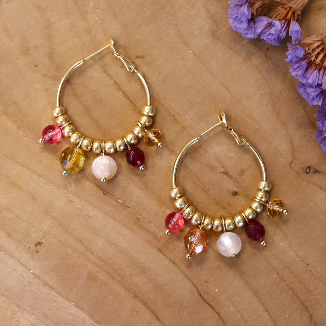Statement earrings - colored glass beads gold