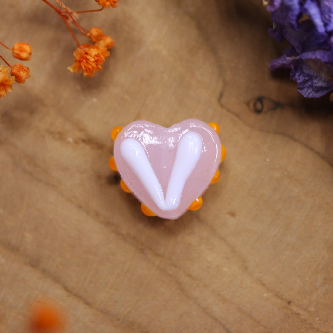 Bead pink - ceramic heart with orange decoration