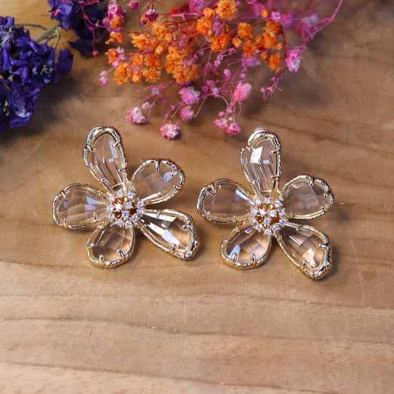 Statement oorbellen goud - bloem met strass