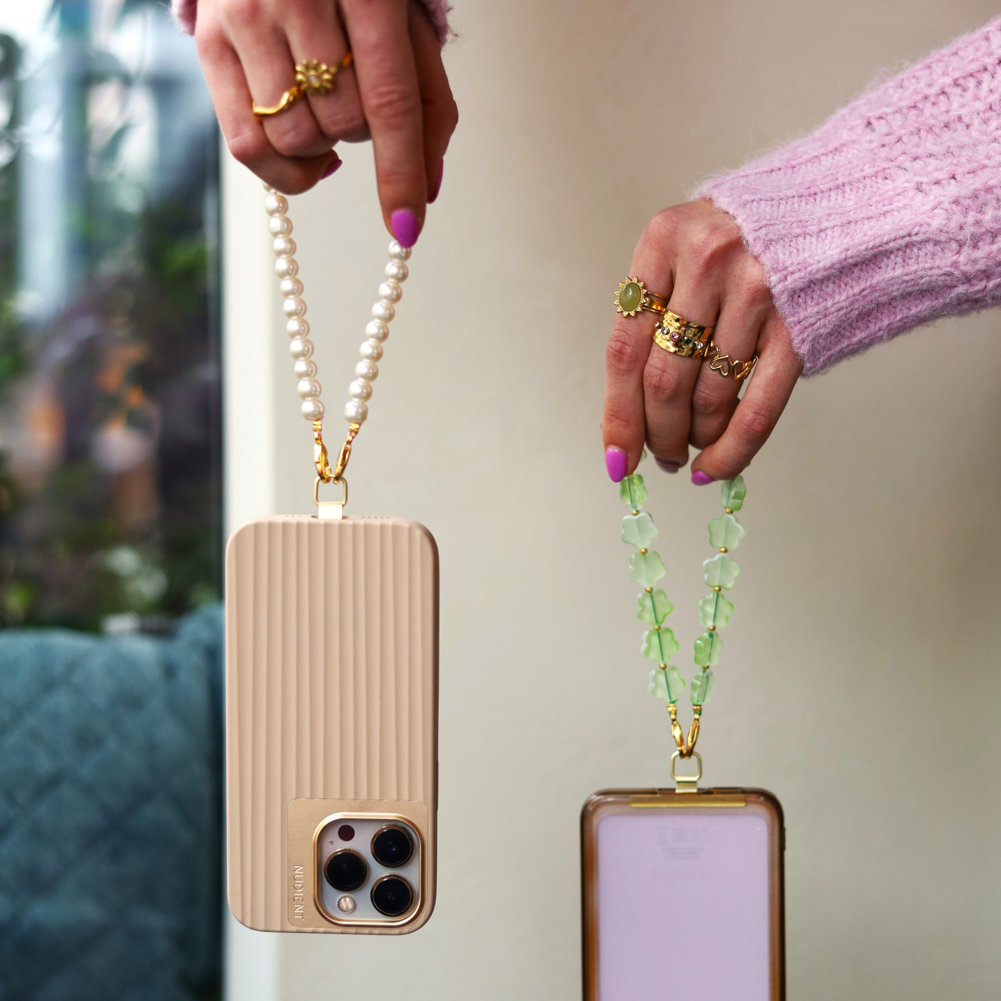 Telefoonkoord - groene bloemen goud