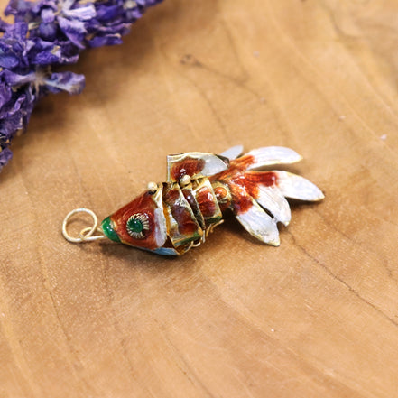 Necklace charm - cloisonne fish copper
