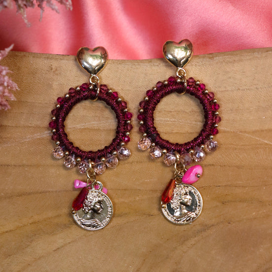 Statement oorbellen - met hart en munt burgundy