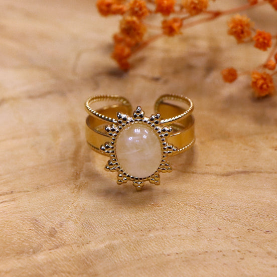 Stainless steel ring goud - rozenkwarts met versierde rand