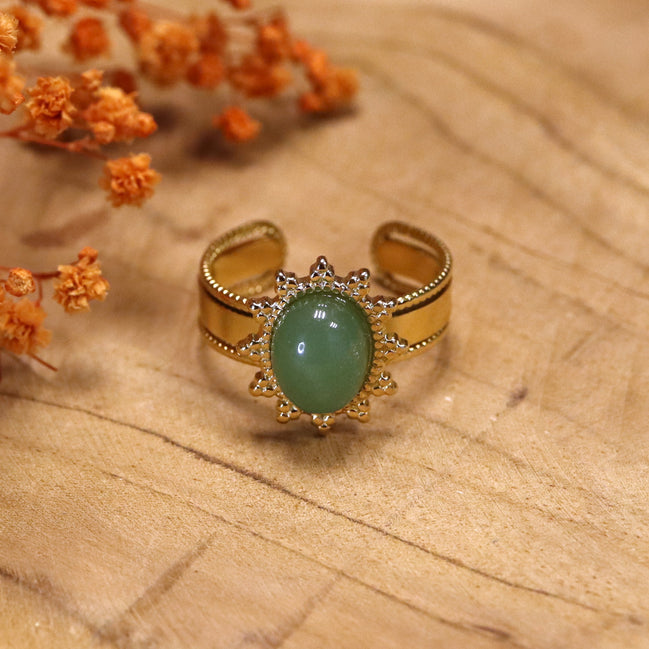 Stainless steel ring gold - aventurine with decorated edge