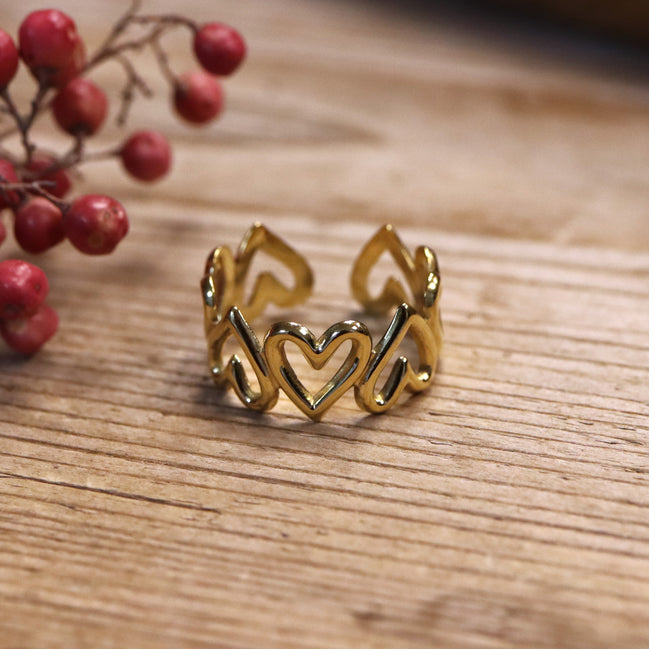 Stainless steel ring gold - open hearts