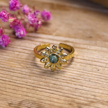 Edelstahlring gold - türkise Blume