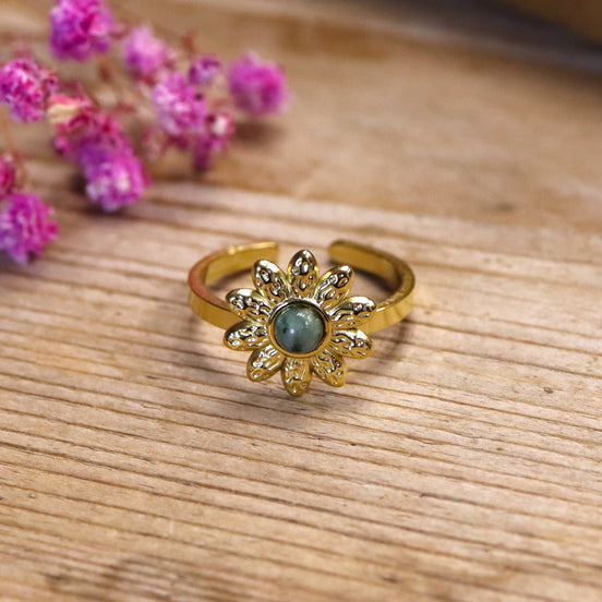 Stainless steel ring goud - turkoois bloemetje