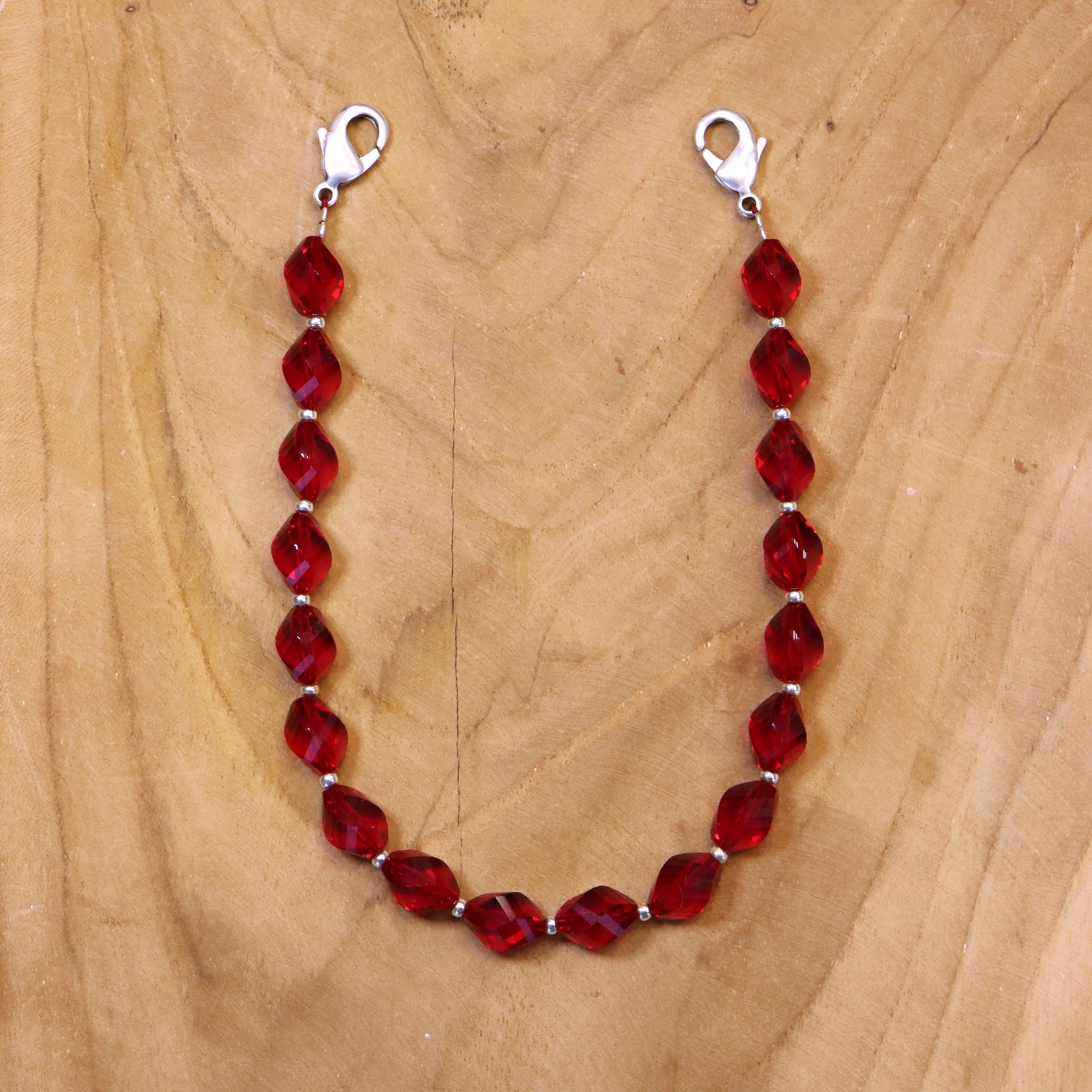 Telefoonkoord - rode glaskralen zilver