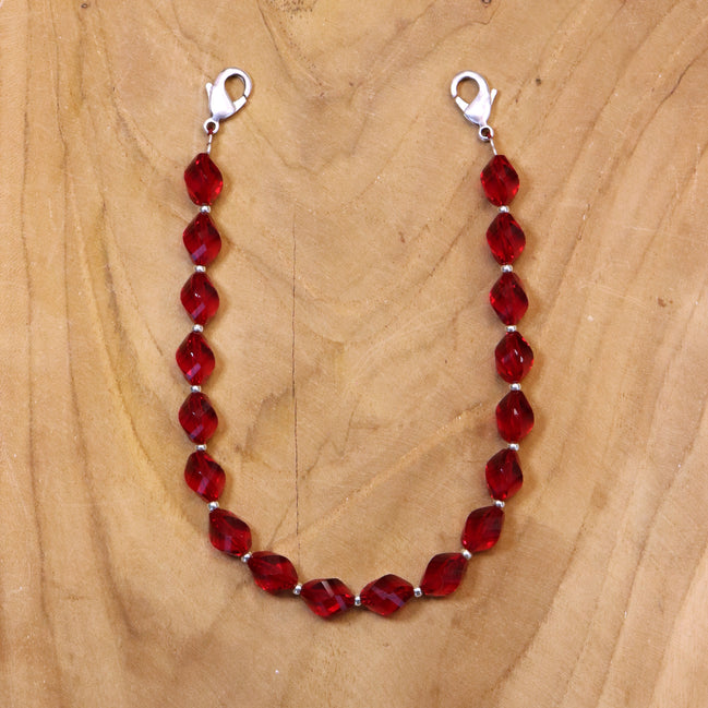 Telefoonkoord - rode glaskralen zilver