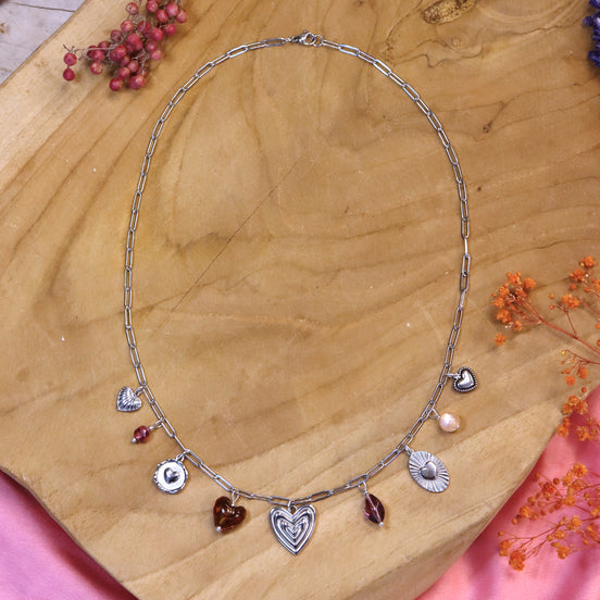 Stainless steel bedelketting - met glaskralen zilver