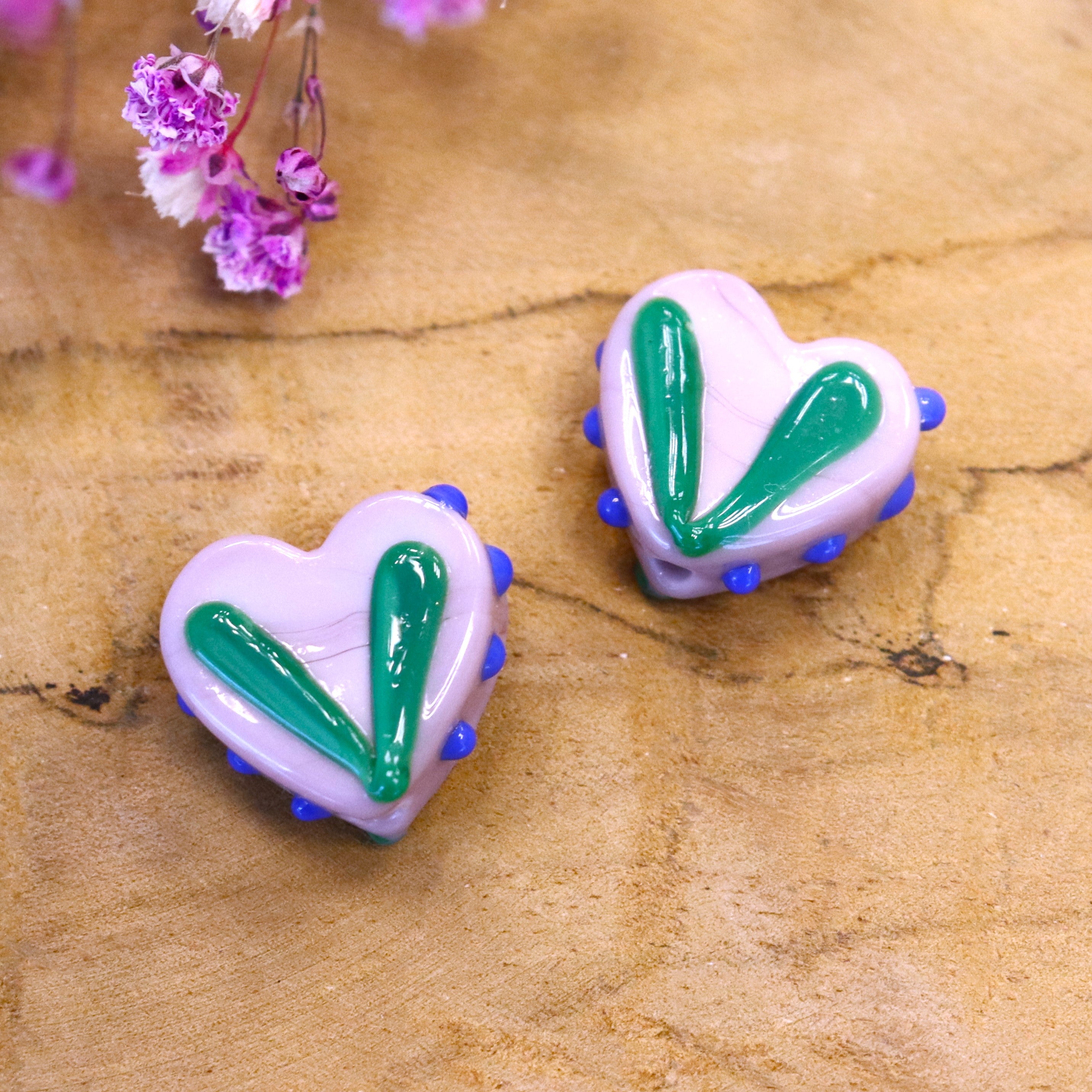 Bead purple - ceramic heart with green decoration