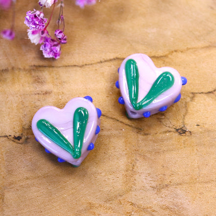 Bead purple - ceramic heart with green decoration