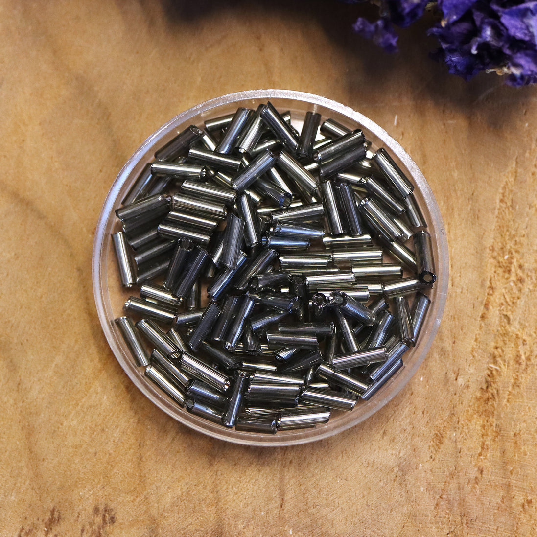 Bugle beads gunmetal 5 grams